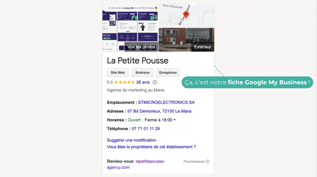 Fiche Google My Business La Petite Pousse, agence de communication Le Mans