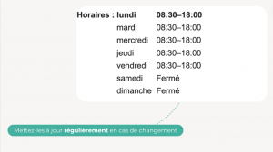 Page horaires de la fiche Google My Business, agence de communication La Petite Pousse Le Mans