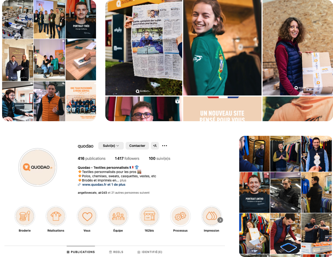 Quodao, expert en impression textile au Mans – qualité française et savoir-faire au service de vos projets. La Petite Pousse gère les réseaux sociaux Instagram et Linkedin.