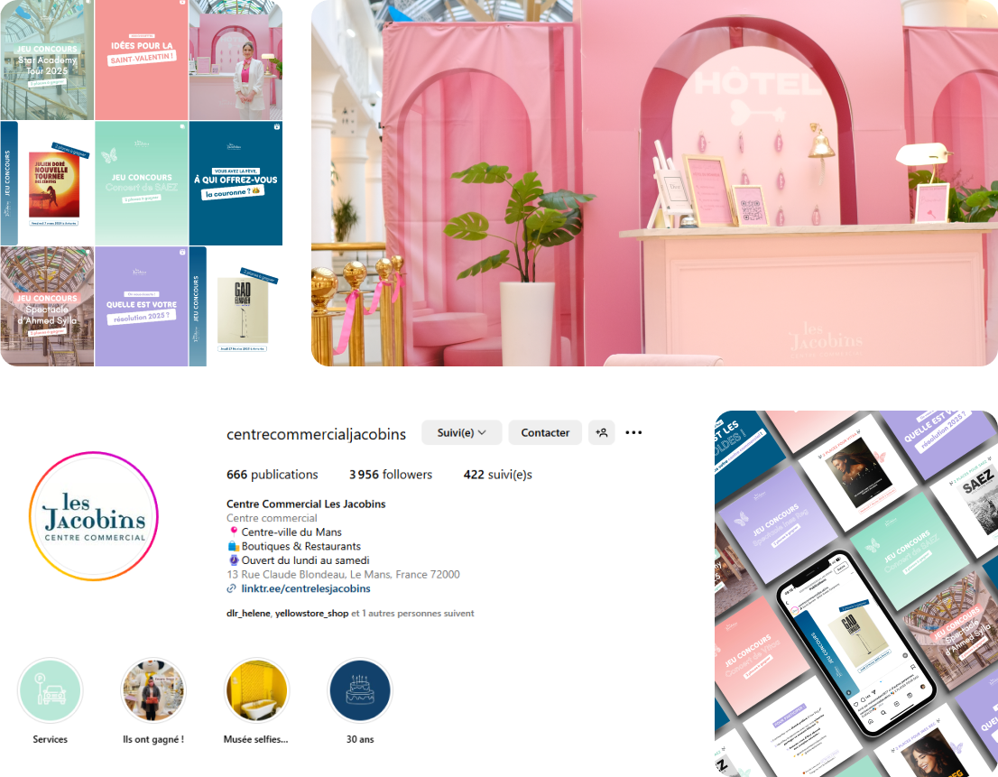 Compilation des actions menées pour dynamiser la communication des Jacobins : captures d’écran du feed Instagram, extraits de stories et photos prises lors des animations.