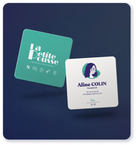 Exemple d’une carte de visite professionnelle conçue par La Petite Pousse, agence de communication au Mans. Un design soigné, des finitions haut de gamme et une identité visuelle impactante.